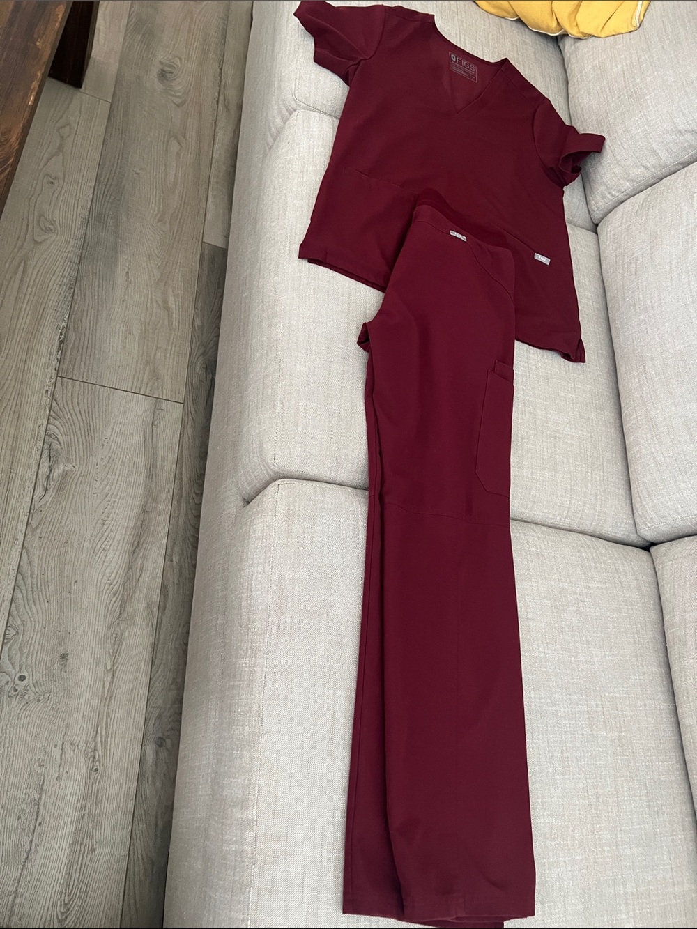 Figs Women's Wide-Leg Scrub Set — Burgundy Casma top and Kade pants style